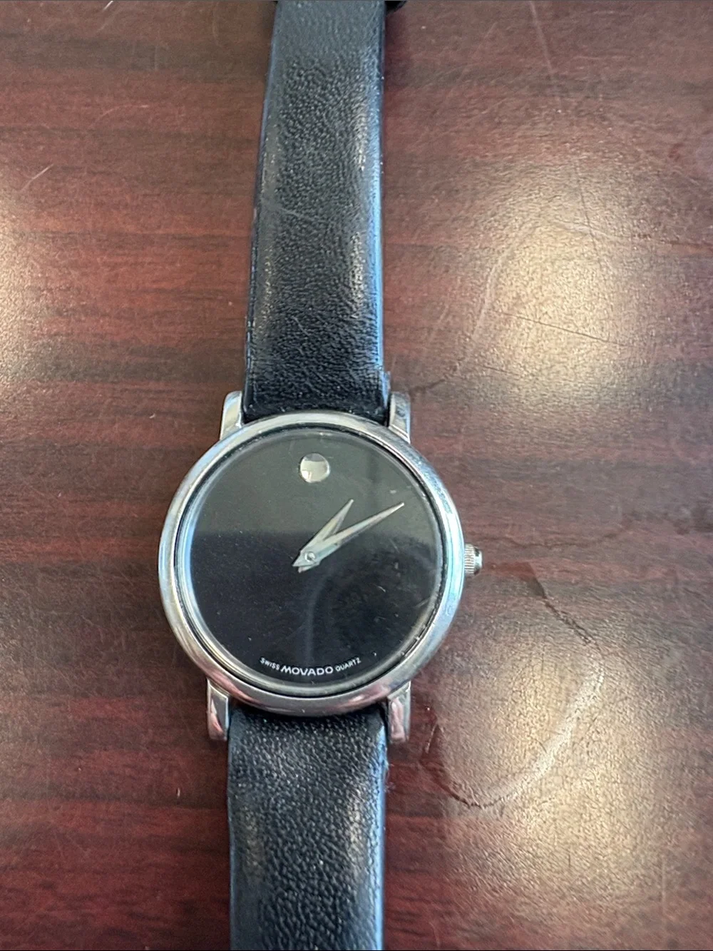 Movado Black Dial Leather Strap Minimalist Watch